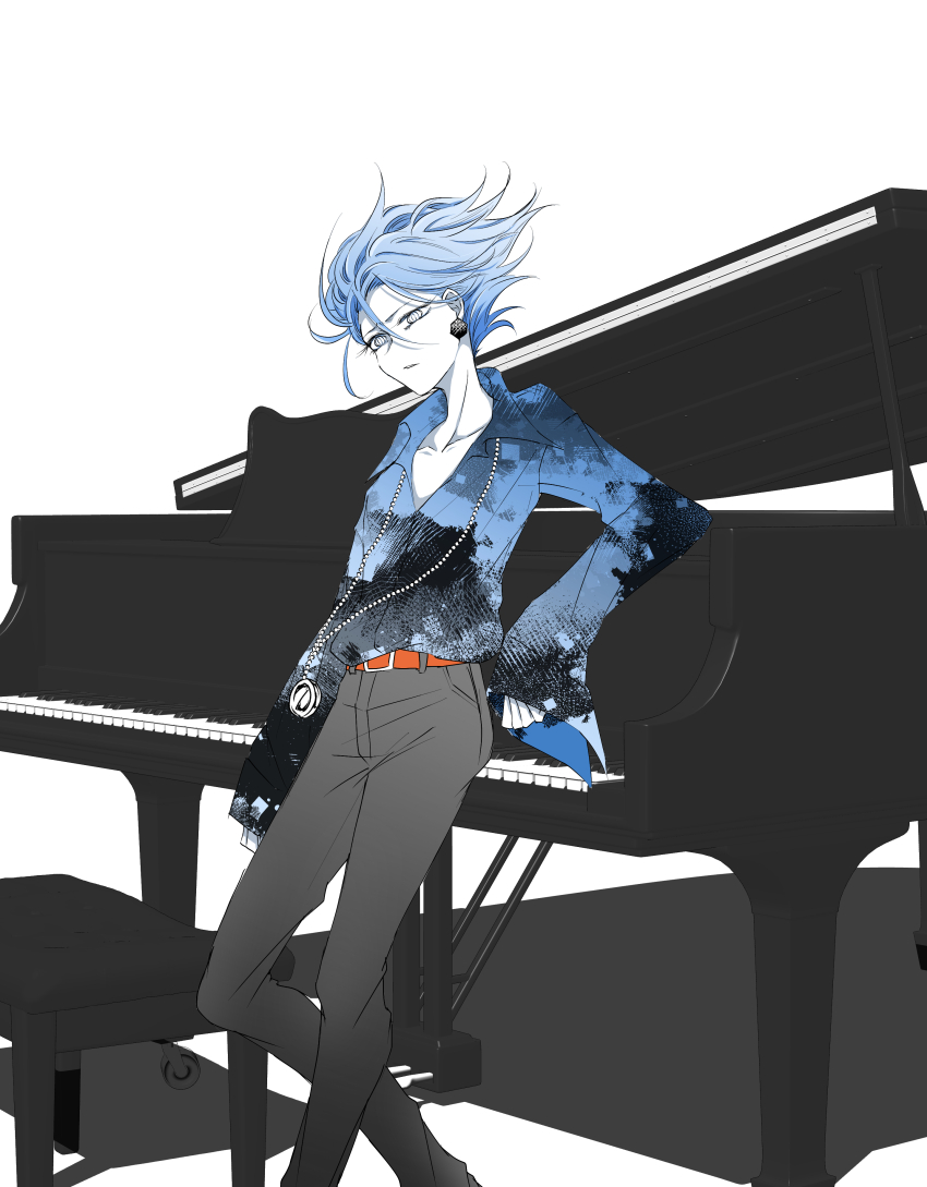 1boy, absurdres, belt, black_pants, blue_hair, blue_shirt, earrings, grey_eyes