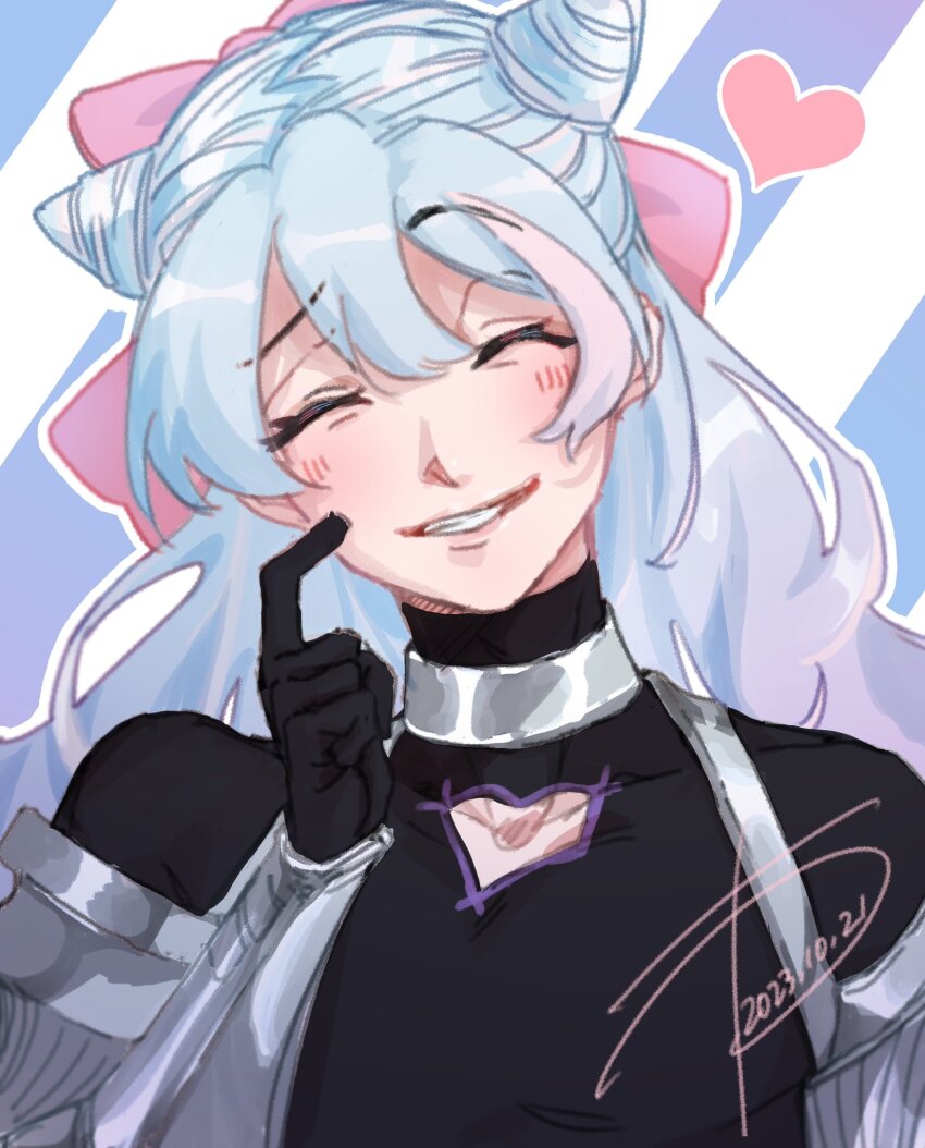 1boy, armor, black_gloves, blue_hair, blush, closed_eyes, clothing_cutout, cone_hair_bun