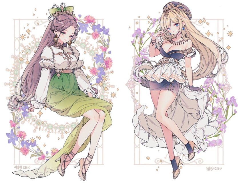 2girls, blonde_hair, blue_dress, blue_eyes, blue_flower, blue_headwear, bracelet, breasts