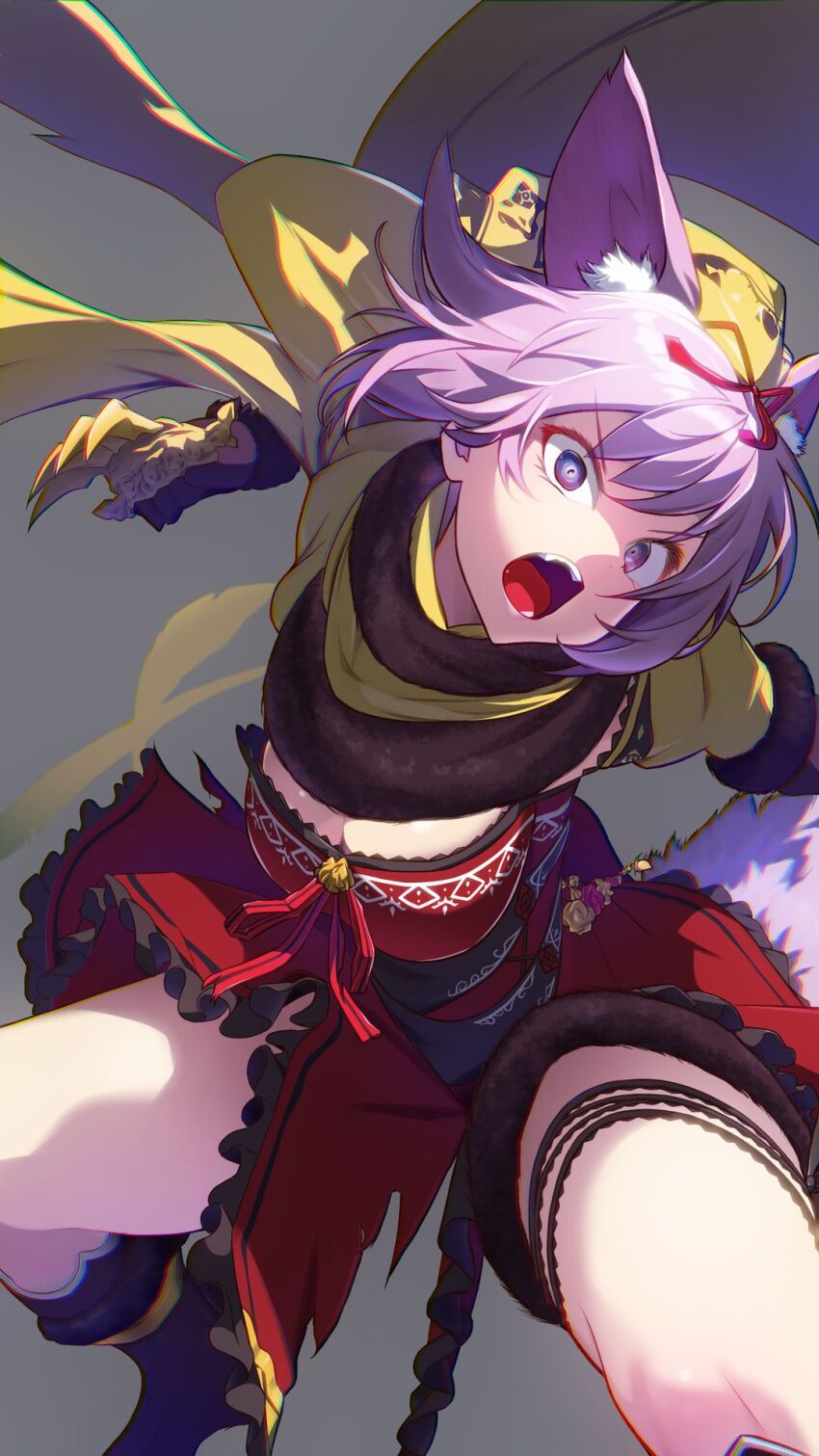 1girl, animal_ear_fluff, animal_ears, black_shirt, blue_eyes, chaos_belle_(grimms_notes), claw_(weapon), commentary_request, commission, eyelashes, fang, fighting_stance, foot_out_of_frame, foreshortening, frilled_skirt, frills, grey_background, grimms_notes, hair_ribbon, highres, incoming_attack, looking_at_viewer, medium_hair, netarou_(shinra), open_mouth, purple_hair, red_ribbon, red_skirt, ribbon, scarf, serious, shirt, simple_background, skirt, solo, standing, tail, teeth, thigh_strap, upper_teeth_only, v-shaped_eyebrows, weapon, wide-eyed, yellow_scarf