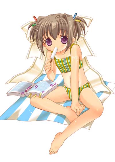 00s, 1girl, barefoot, bikini, binzume_yousei, brown_hair, crayon, feet