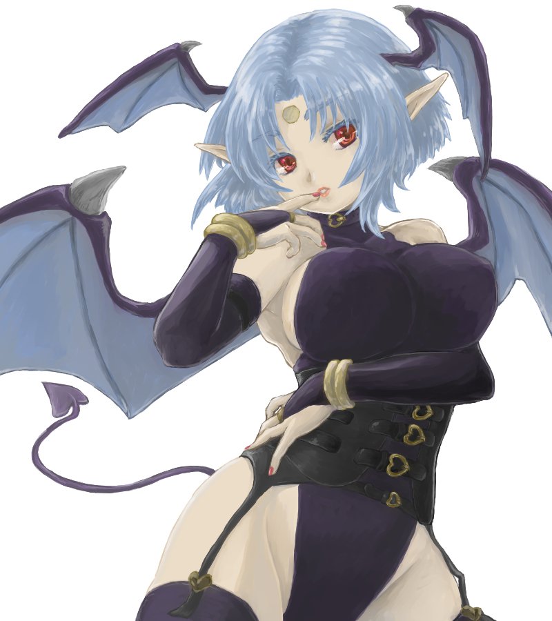1girl, blue_hair, breasts, chickenkue, demon_tail, demon_wings, facial_mark, fake_tail, filia_(star_ocean), forehead_mark, halloween_costume, head_wings, jewelry, large_breasts, lipstick, looking_at_viewer, makeup, nail_polish, pointy_ears, red_eyes, short_hair, simple_background, solo, star_ocean, star_ocean:_the_second_story, tail, thighhighs, white_background, wings