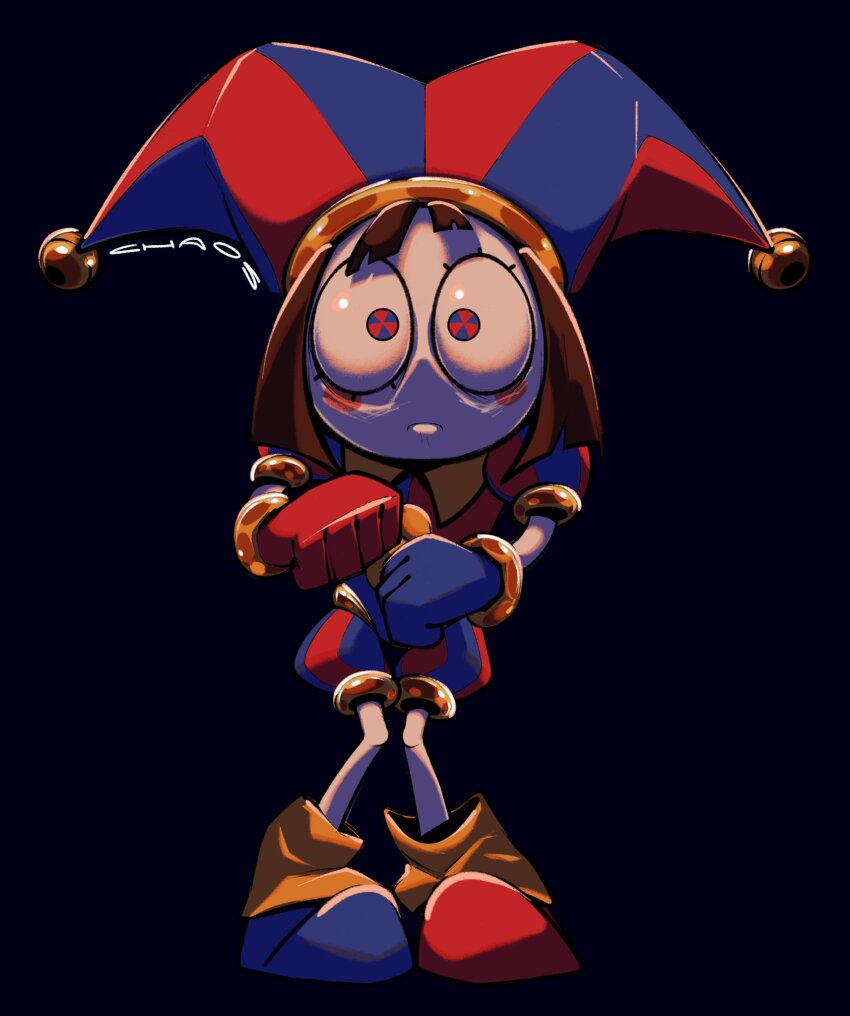 1girl, artist_name, asymmetrical_footwear, asymmetrical_gloves, blue_eyes, blue_footwear, blue_gloves, blue_hat, blush_stickers, brown_hair, chaoslose, colored_skin, commentary, english_commentary, frown, full_body, gloves, hat, hat_bell, highres, jester, jester_cap, looking_at_viewer, mismatched_footwear, mismatched_gloves, multicolored_eyes, multicolored_hat, pomni_(the_amazing_digital_circus), puffy_short_sleeves, puffy_sleeves, red_eyes, red_footwear, red_gloves, red_hat, sanpaku, short_hair, short_sleeves, solo, standing, straight-on, the_amazing_digital_circus, two-tone_eyes, vertical-striped_bodysuit, white_skin