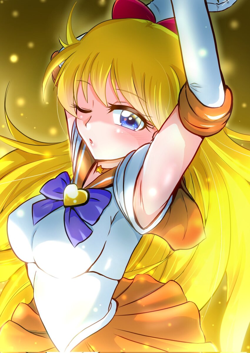 1girl, aino_minako, armpits, bishoujo_senshi_sailor_moon, blonde_hair, blue_eyes, bow, breasts, buta_obutu, gloves, highres, large_breasts, long_hair, miniskirt, one_eye_closed, red_bow, sailor_venus, skirt, very_long_hair