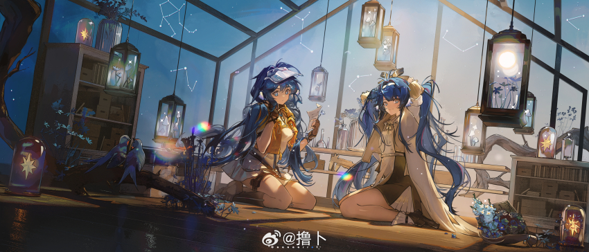 2girls, :o, absurdres, apron, arknights, arms_behind_head, astesia_(arknights), astesia_(fantastic_crafts)_(arknights), astgenne_(arknights), astgenne_(her_aspiration)_(arknights), black_socks, blue_eyes, blue_flower, blue_hair, blurry, bokeh, book, bookshelf, bouquet, bow, branch, brown_coat, brown_gloves, brown_shirt, brown_skirt, chinese_commentary, coat, commentary_request, constellation, cropped_jacket, depth_of_field, dress, dutch_angle, feather_hair, fingerless_gloves, flower, full_body, gemini_(constellation), gloves, grey_headwear, hair_bow, highres, holding, holding_paper, indoors, jacket, kneehighs, lantern, long_hair, looking_at_viewer, multiple_girls, panties, pantyshot, paper, parted_lips, plant, seiza, shelf, shirt, shoes, siblings, sisters, sitting, skirt, smile, sneakers, socks, thigh_strap, toto_(caaaaarrot), underwear, vase, very_long_hair, visor_cap, watermark, weibo_watermark, white_apron, wooden_floor, wrench, yellow_bow, yellow_dress, yellow_jacket