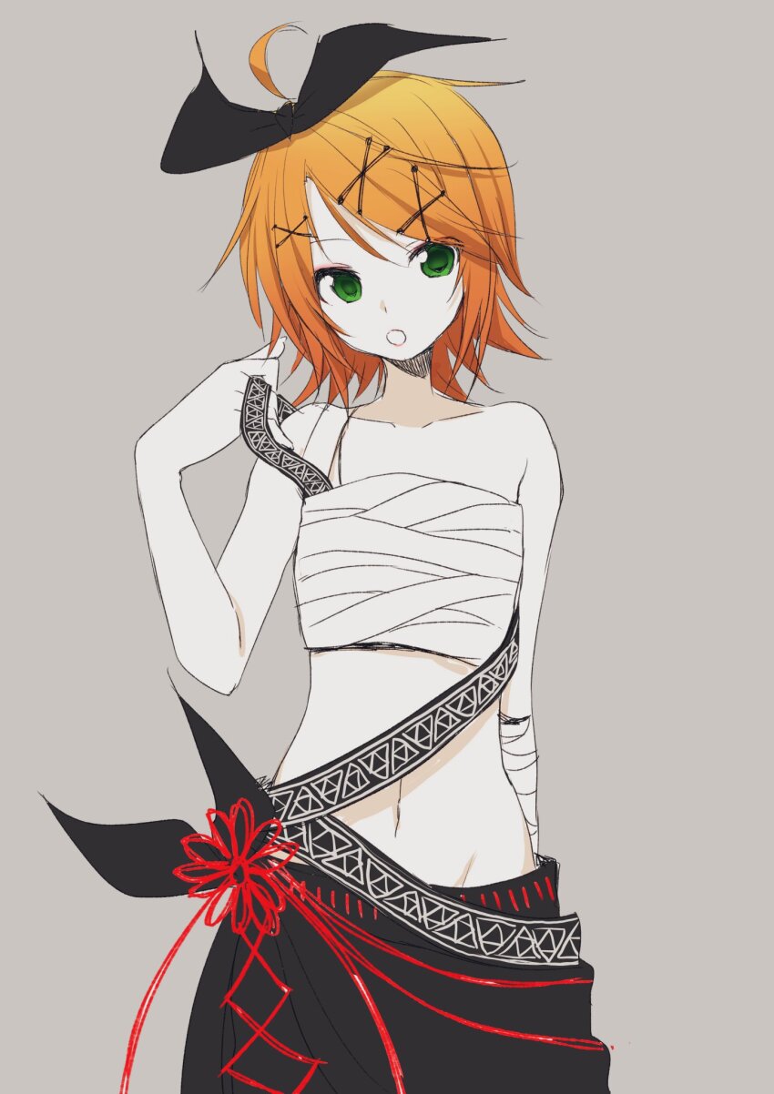 1girl, :o, ahoge, bandaged_arm, bandages, bare_shoulders, black_bow, black_kimono