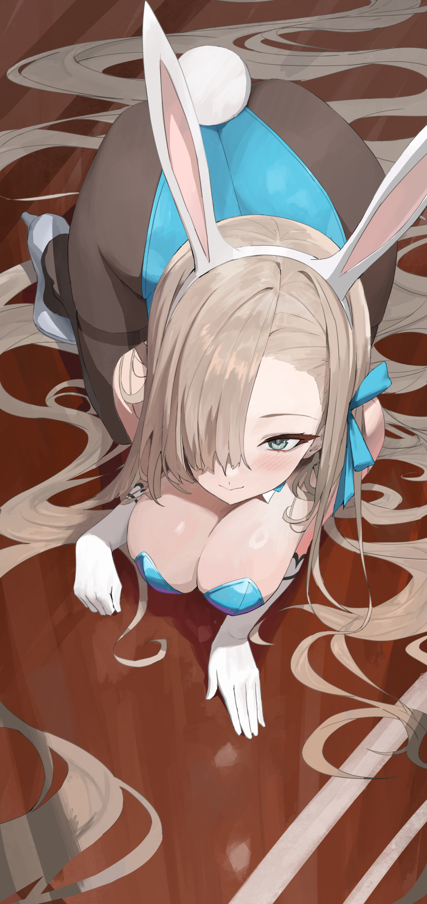 1-5iro, 1girl, absurdres, all_fours, animal_ears, ass, asuna_(blue_archive), asuna_(bunny)_(blue_archive)