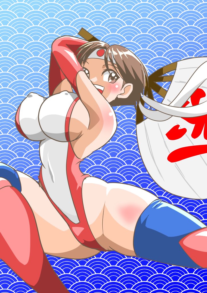 1girl, armpits, arms_up, breasts, brown_eyes, brown_hair, covered_navel, headband