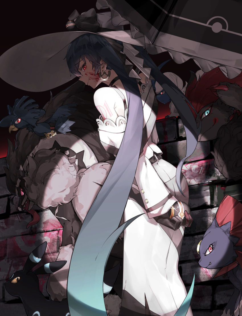 1girl, absol, absurdres, black_bow, black_choker, black_gloves, blood, blood_on_face