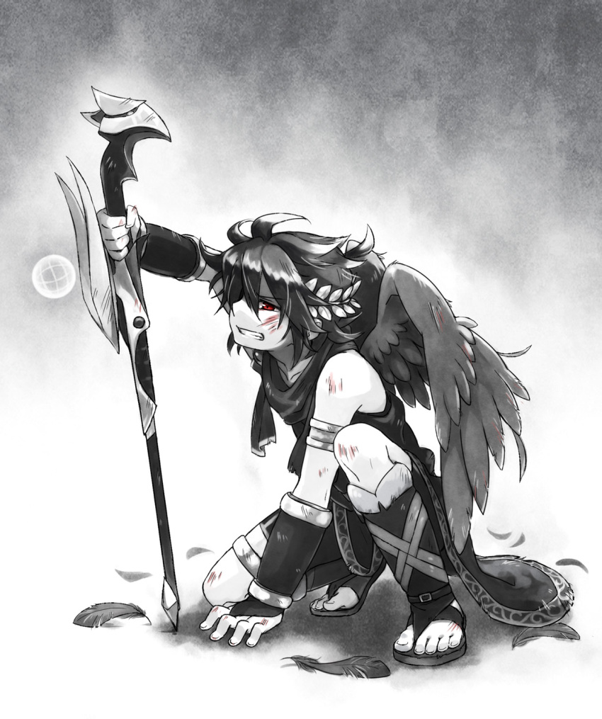 1boy, ahoge, angel, angel_wings, armlet, collarbone, dark_pit, feathers