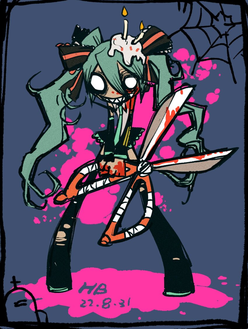 2022, aqua_hair, aqua_necktie, bare_shoulders, birthday_cake, black_boots, black_ribbon, black_skirt, black_sleeves, blank_eyes, blood, blood_on_face, blood_on_ground, blood_on_hands, blood_splatter, bloody_weapon, boots, cake, candlelight, collared_shirt, colored_skin, crazy_grin, dated, detached_sleeves, emo_artstyle, evil_grin, evil_smile, food, food_on_head, grey_shirt, grey_skin, grin, hair_between_eyes, hair_ribbon, hatsune_miku, highres, horror_(theme), huge_weapon, long_hair, messy_hair, milifeimili, necktie, no_pupils, object_on_head, oversized_object, pink_blood, ribbon, scissors, sharp_teeth, shirt, silk, single_stripe, skinny, skirt, sleeveless, sleeveless_shirt, smile, spider_web, striped_ribbon, teeth, thigh_boots, tombstone, torn_boots, twintails, very_long_hair, vocaloid, weapon