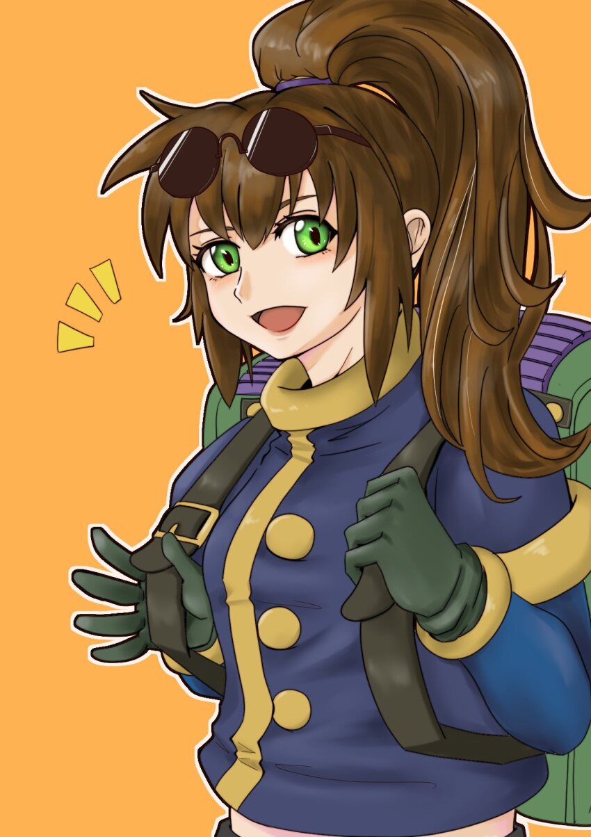 1girl, :d, backpack, bag, brown_hair, eyewear_on_head, gloves, green_eyes