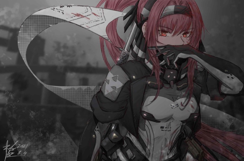 1girl, banner, belt_pouch, blood, blood_on_clothes, blood_on_face, blurry, blurry_background