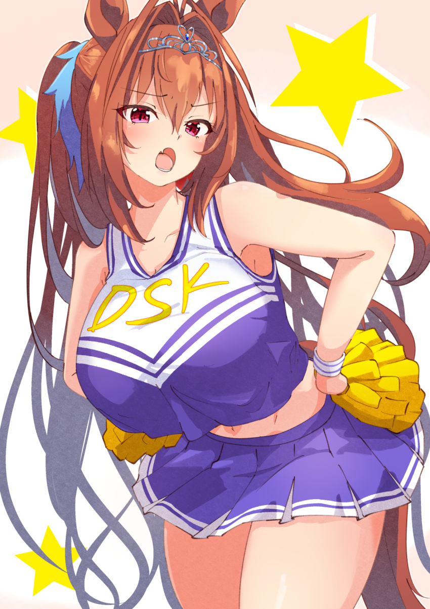 1girl, :o, alternate_costume, animal_ears, blush, breasts, brown_hair, cheerleader, commentary_request, cowboy_shot, daiwa_scarlet_(umamusume), fang, hair_intakes, hands_on_own_hips, hflfhvlwvp, highres, horse_ears, horse_girl, horse_tail, large_breasts, long_hair, looking_at_viewer, pink_background, pleated_skirt, pom_pom_(cheerleading), red_eyes, skin_fang, skirt, solo, star_(symbol), stomach, tail, tiara, umamusume, very_long_hair, wristband