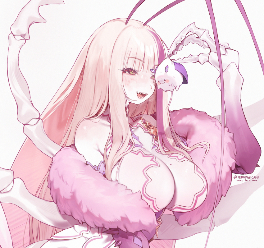 1girl, :d, antenna_hair, antennae, arthropod_girl, arthropod_limbs, blunt_bangs, blush