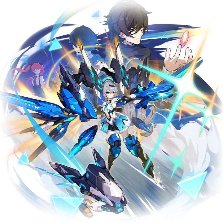 2boys, 2girls, black_hair, bronya_zaychik, bronya_zaychik_(herrscher_of_truth), brown_hair, frederica_nikola_tesla, full_body