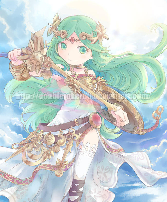 1girl, blue_sky, chain, cloud, diadem, feet_out_of_frame, forehead_jewel, gold_chain, green_eyes, green_hair, holding, holding_sword, holding_weapon, kid_icarus, kid_icarus_uprising, long_hair, nintendo, palutena, palutena_blade_(kid_icarus), saya_(lelulinna), shield, sky, smile, solo, sword, thighhighs, vambraces, watermark, weapon