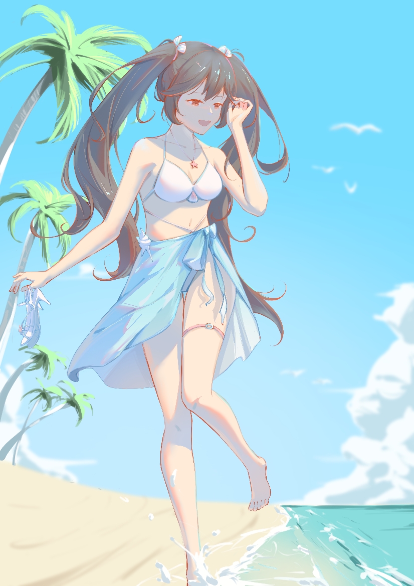 1girl, bare_arms, bare_legs, bare_shoulders, beach, bikini, bird, black_hair