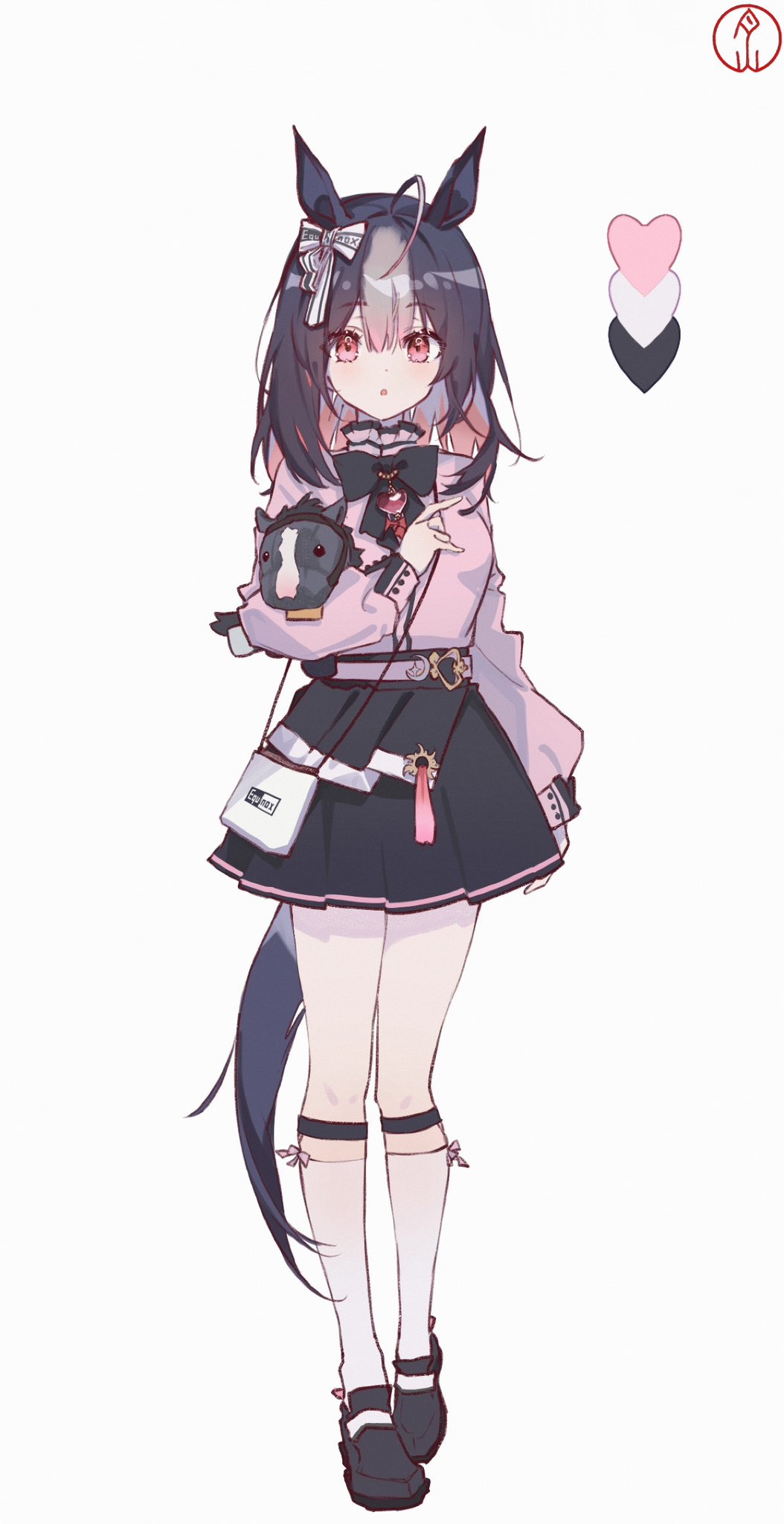 1girl, ahoge, animal_ears, bag, black_hair, blush, breasts, full_body, gassan_aya, hair_between_eyes, hair_ornament, handbag, heart, highres, horse_ears, horse_tail, medium_breasts, medium_hair, open_mouth, original, red_eyes, shoes, simple_background, solo, standing, stuffed_animal, stuffed_horse, stuffed_toy, tail, umamusume, white_background