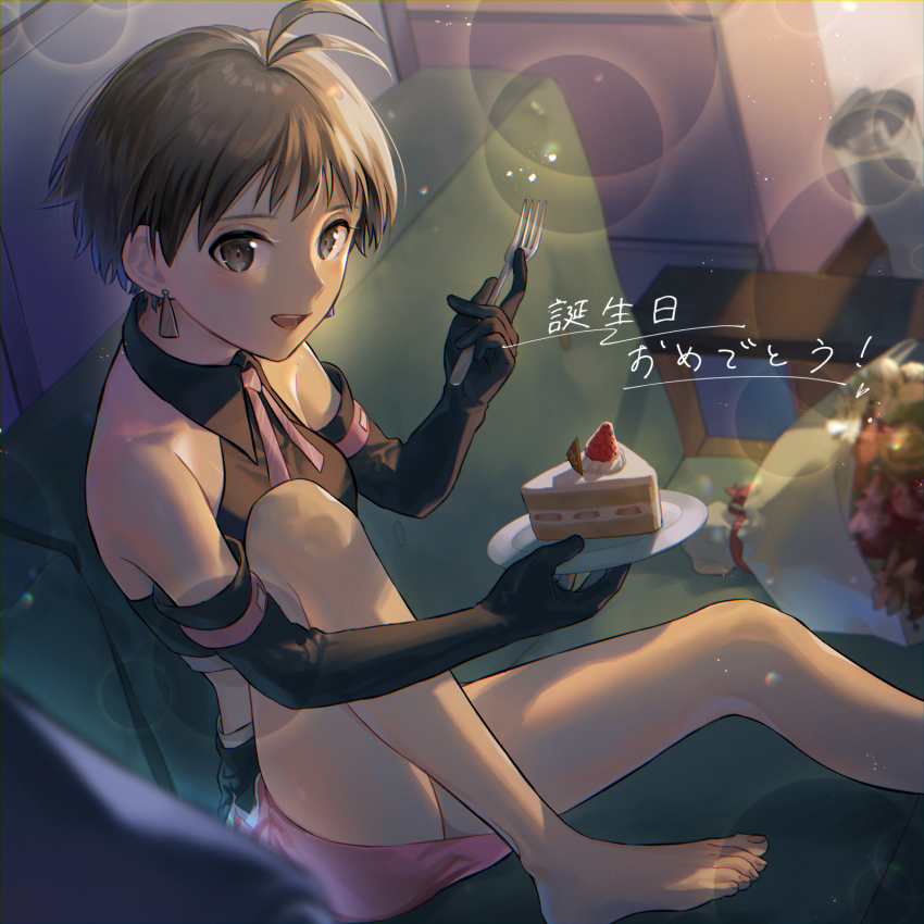 1girl, :d, antenna_hair, bare_shoulders, barefoot, birthday, black_eyes, black_gloves