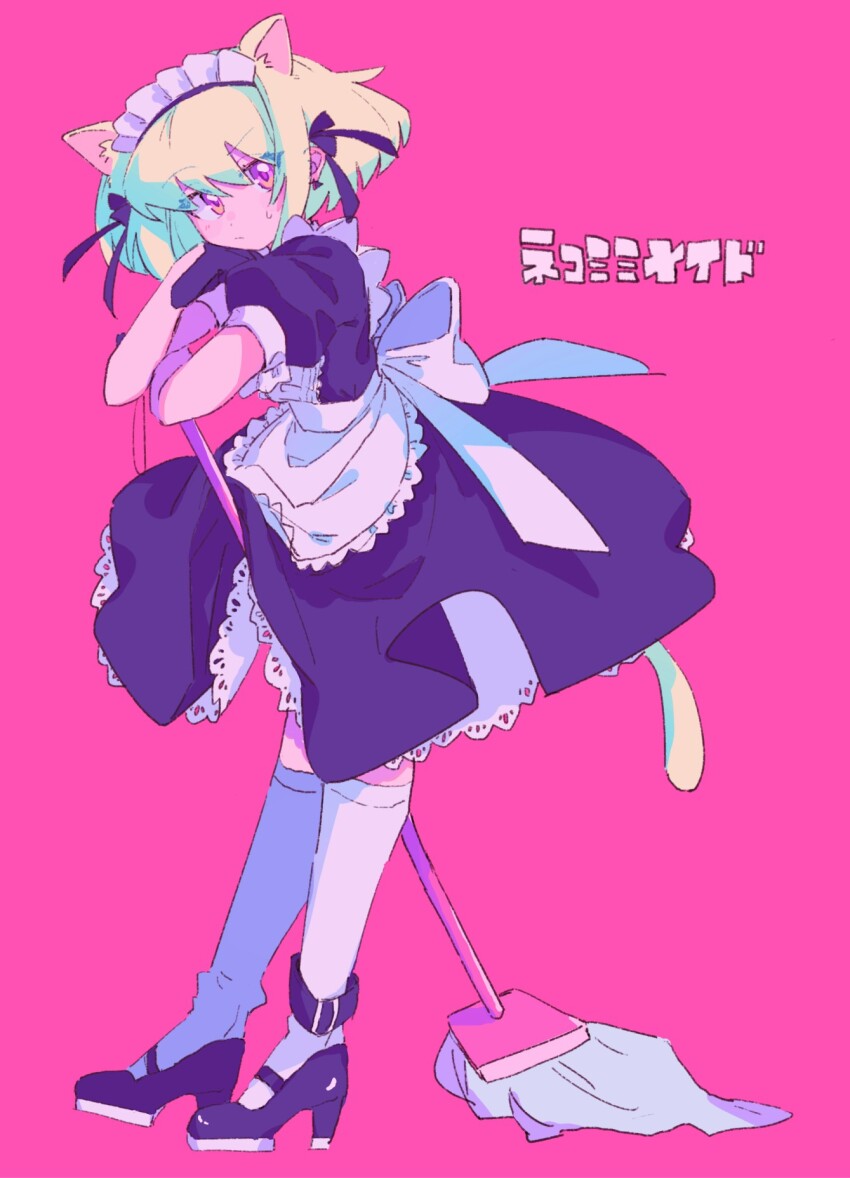 1boy, alternate_costume, animal_ears, ankle_belt, apron, back_bow, black_dress, black_footwear