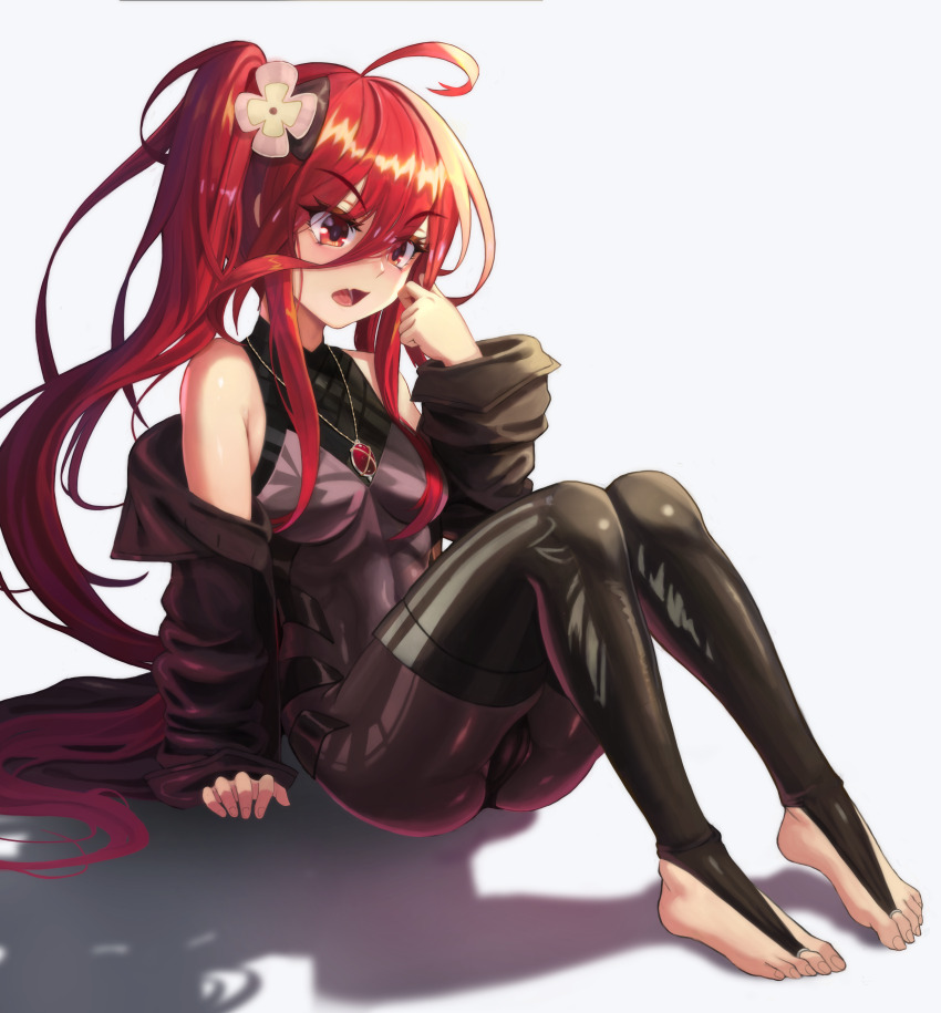 1girl, absurdres, ass, bare_shoulders, blush, cameltoe, feet, flower, full_body, hair_flower, hair_ornament, hair_over_breasts, highres, jewelry, long_hair, looking_at_viewer, necklace, red_eyes, red_hair, shadow, shakugan_no_shana, shana, sitting, skin_tight, solo, thighhighs_over_bodysuit, toeless_legwear, toes, usd_(wwkr2537), very_long_hair