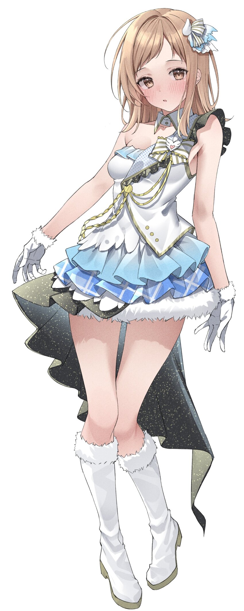 1girl, :o, absurdres, asymmetrical_clothes, beyond_the_bluesky_(idolmaster), blush, boots, breasts, detached_collar, full_body, fur-trimmed_boots, fur-trimmed_gloves, fur-trimmed_skirt, fur_trim, gloves, hair_ornament, highres, idolmaster, idolmaster_shiny_colors, kawai_ritsu_(rits_meg), knee_boots, layered_skirt, light_brown_hair, looking_at_viewer, medium_breasts, sakuragi_mano, shirt, simple_background, skirt, solo, white_boots, white_gloves, white_shirt, wing_hair_ornament