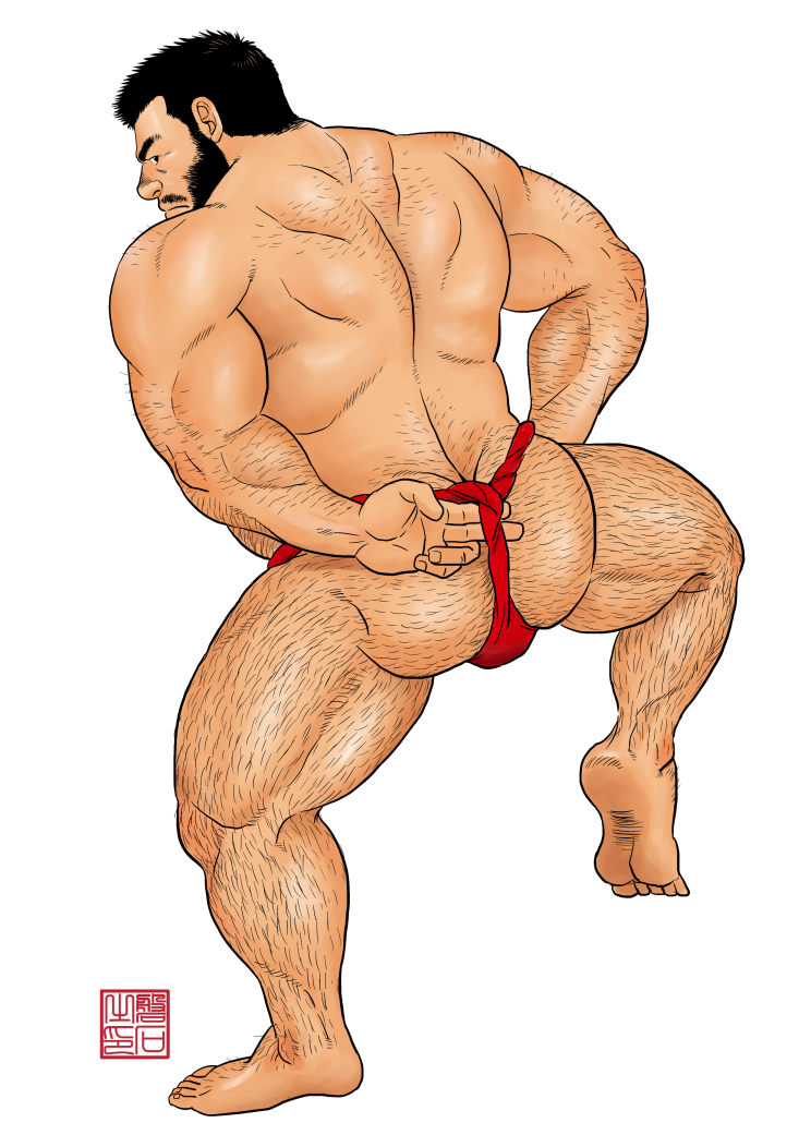 1boy, adjusting_fundoshi, arm_hair, ass, ass_hair, back, back_focus, back_hair