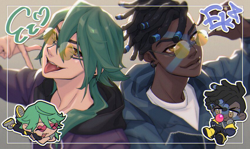 2boys, absurdres, aji_yuna, black_hoodie, brown_background, brown_hair, chibi, closed_mouth