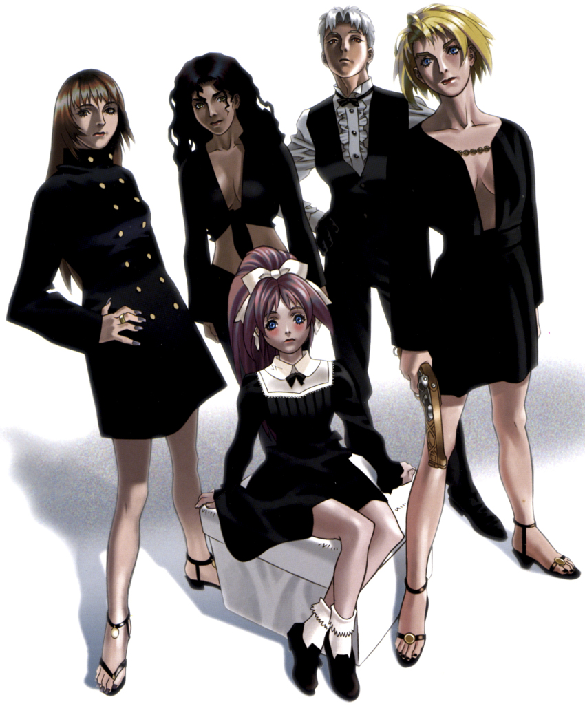 5girls, april_bikirk, black_dress, black_hair, black_nails, black_skirt, blonde_hair, blue_eyes, blush, bow, bowtie, breasts, brown_eyes, brown_hair, buttons, chain, cleavage, crossed_legs, dress, dutch_angle, eyelashes, feb_fall, finger_on_trigger, fingernails, flintlock_pistol, formal_clothes, frilled_shirt, frills, frock, gloves, grey_hair, gun, hand_on_own_hip, handgun, highres, hip_focus, janny_mann, jewelry, june_ashel, lipstick, long_fingernails, long_hair, long_sleeves, looking_at_viewer, makeup, mascara, may_jessica, midriff, multiple_girls, nail_polish, open_shoes, ottoman_(furniture), pants, pink_hair, pistol, ponytail, red_eyes, ribbon, ring, sandals, serious, shadow, shirt, shoes, short_hair, simple_background, sitting, skirt, socks, sol_bianca:_the_legacy, standing, taiyou_no_fune_sol_bianca, tied_shirt, toenail_polish, toenails, toes, turtleneck, turtleneck_dress, tuxedo_shirt, vest, wavy_hair, weapon, white_background, white_hair