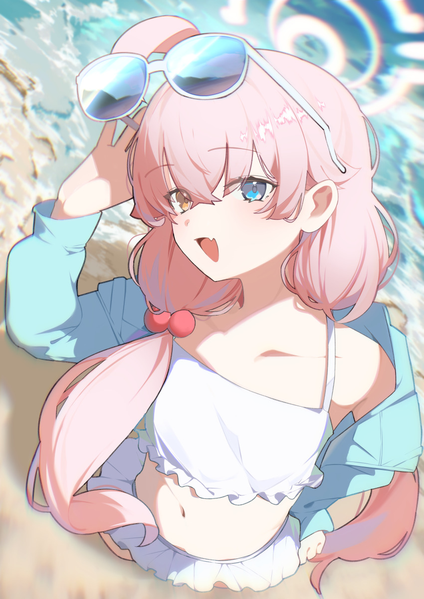 1girl, absurdres, ahoge, arm_up, bikini, bikini_skirt, blue-tinted_eyewear, blue_archive, blue_eyes, blue_jacket, blurry, blurry_background, collarbone, depth_of_field, fang, flat_chest, foreshortening, from_above, hair_ornament, halo, hand_on_own_hip, heterochromia, highres, hijo_(nakare2845), hood, hood_down, hooded_jacket, hoshino_(blue_archive), hoshino_(swimsuit)_(blue_archive), huge_ahoge, jacket, long_hair, long_sleeves, low_twintails, midriff, navel, ocean, official_alternate_costume, open_mouth, pink_hair, pink_halo, skin_fang, smile, solo, stomach, swimsuit, tinted_eyewear, twintails, white-framed_eyewear, white_bikini, yellow_eyes