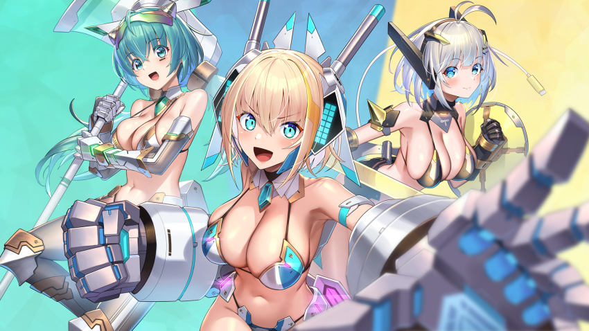 3girls, :d, ahoge, antenna_hair, armor, axe, bikini, bikini_armor, black_bikini, blonde_hair, blue_background, breasts, closed_mouth, commentary_request, gariben_girl_v, green_background, grey_hair, headgear, highres, holding, holding_axe, holding_weapon, large_breasts, looking_at_viewer, mechanical_arms, multicolored_background, multiple_girls, official_art, open_mouth, short_hair, smile, swimsuit, takamine_nadare, weapon, yellow_background