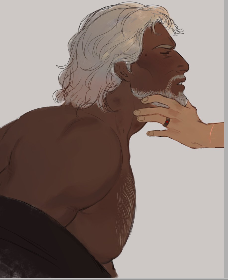 1boy, 1girl, bara, bare_pectorals, beard, chest_hair, dark-skinned_male, dark_skin