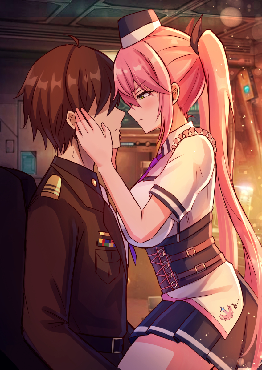 1boy, 1girl, absurdres, black_skirt, breasts, brown_hair, closed_mouth, commander_(nikke)