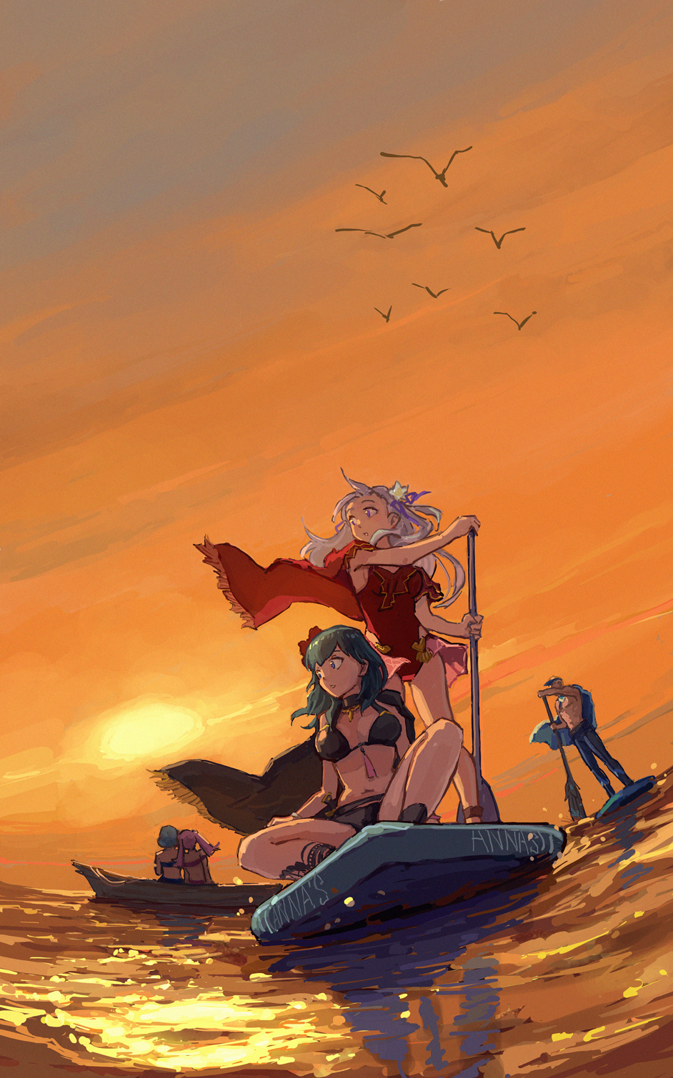 1boy, 4girls, beach, bikini, black_bikini, blue_bikini, boat, breasts, byleth_(female)_(fire_emblem), byleth_(female)_(summer)_(fire_emblem), byleth_(fire_emblem), cape, cleavage, dimitri_alexandre_blaiddyd, dimitri_alexandre_blaiddyd_(summer), edelgard_von_hresvelg, edelgard_von_hresvelg_(summer), fire_emblem, fire_emblem:_three_houses, fire_emblem_heroes, green_little, highres, hilda_valentine_goneril, hilda_valentine_goneril_(summer), leaning_on_person, male_swimwear, marianne_von_edmund, marianne_von_edmund_(summer), medium_breasts, multiple_girls, nintendo, oar, official_alternate_costume, one-piece_swimsuit, outdoors, pink_bikini, red_one-piece_swimsuit, sunset, swimsuit, visor_cap, water, watercraft, yuri