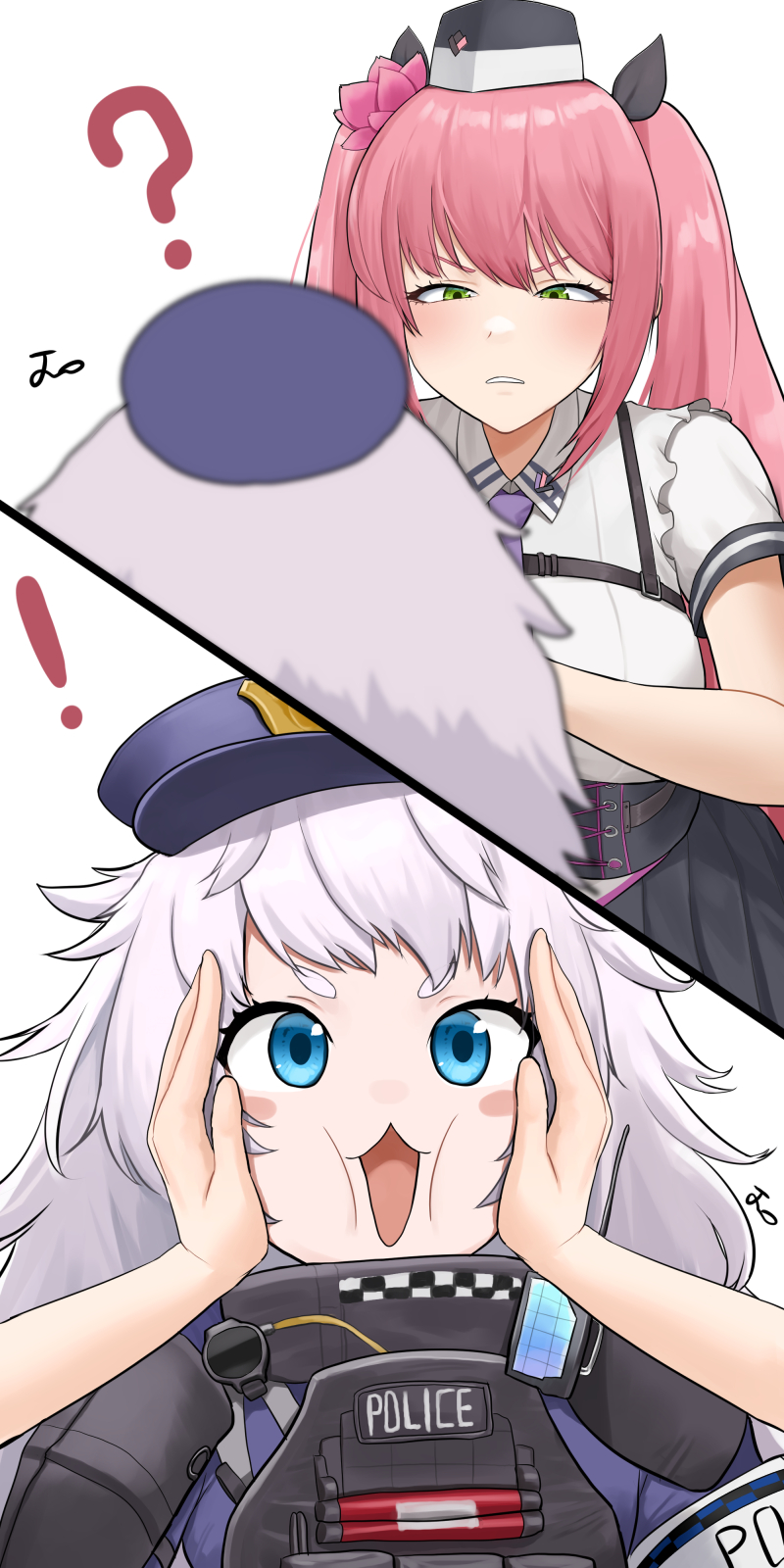 !, 2girls, blue_eyes, bulletproof_vest, flower, goddess_of_victory:_nikke, green_eyes, hair_flower