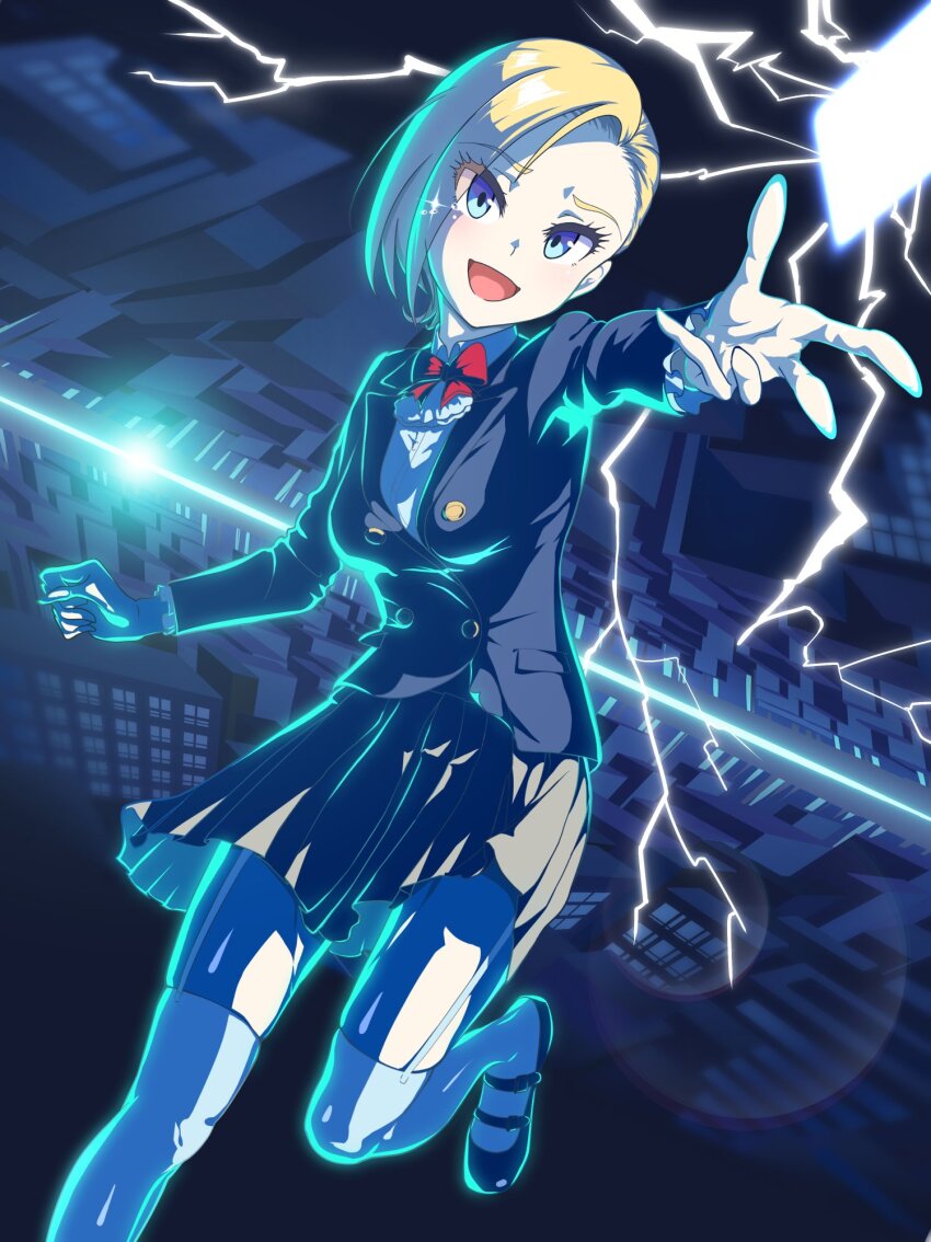 1girl, aeris_no_q, blazer, blonde_hair, blue_eyes, bow, bowtie, collared_shirt, garter_straps, highres, jacket, lightning, looking_at_viewer, magicami, open_mouth, reaching, reaching_towards_viewer, red_bow, red_bowtie, school_uniform, shirt, short_hair, smile, socks, standing, standing_on_one_leg, tears, thighhighs, white_shirt, white_socks, yukifune_eriza