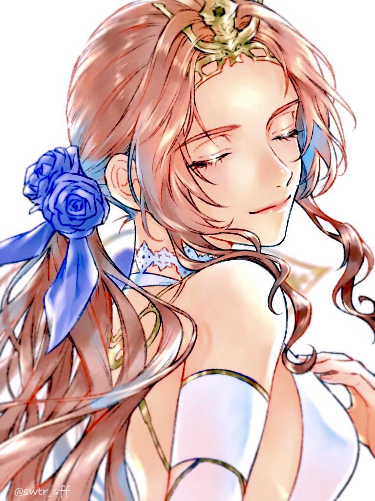 1girl, 3wa_tari, aerith_gainsborough, aerith_gainsborough_(prism_dress), alternate_costume, blue_flower, blue_ribbon, blue_rose, brown_hair, choker, closed_eyes, crown, dress, final_fantasy, final_fantasy_vii, final_fantasy_vii:_ever_crisis, flower, gold_trim, hair_flower, hair_ornament, hair_ribbon, lace, lace_choker, light_smile, long_hair, official_alternate_costume, ribbon, rose, simple_background, smile, solo, wavy_hair, white_background, white_choker, white_dress