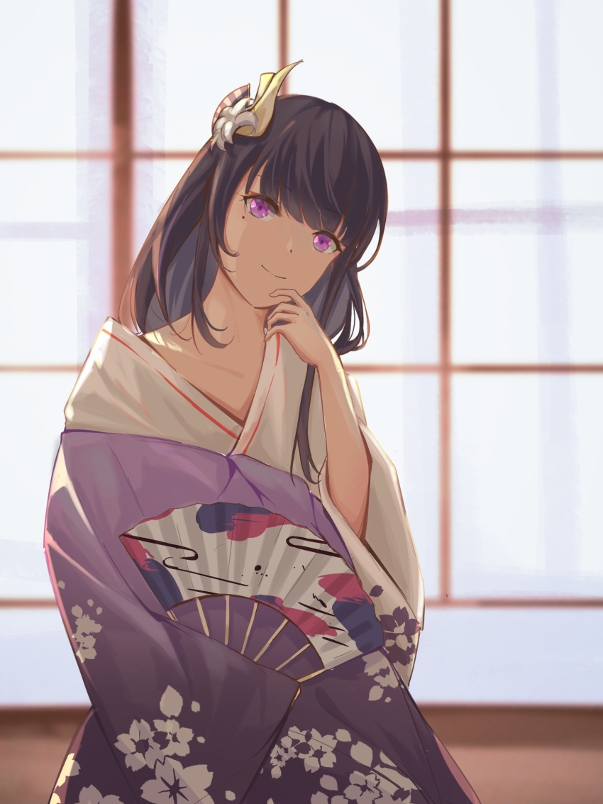 1girl, black_hair, blunt_bangs, collarbone, floral_print, flower, folding_fan, genshin_impact, hair_flower, hair_ornament, hand_fan, hand_on_own_face, highres, japanese_clothes, kimono, long_hair, long_sleeves, looking_at_viewer, mole, mole_under_eye, print_kimono, purple_eyes, purple_kimono, raiden_shogun, sleeves_past_fingers, sleeves_past_wrists, smile, solo, upper_body, yukata, yume_3327
