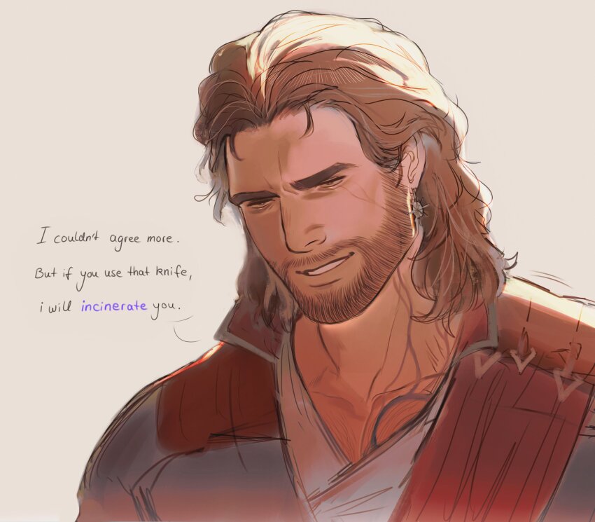 1boy, absurdres, baldur's_gate, baldur's_gate_3, bara, beard_stubble, brown_hair, chest_hair, english_text, evil_smile, facial_hair, gale_(baldur's_gate), head_tilt, highres, light_frown, male_focus, mature_male, medium_hair, mustache_stubble, nona_(illumancer), pectoral_cleavage, pectorals, smile, solo, stubble, thick_eyebrows