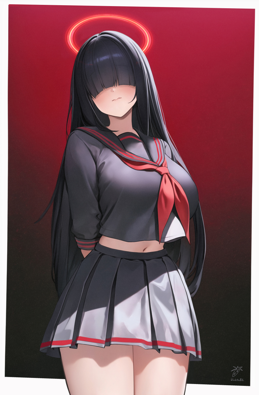 1girl, absurdres, alternate_breast_size, arched_bangs, arms_behind_back, black_hair, black_sailor_collar, black_serafuku