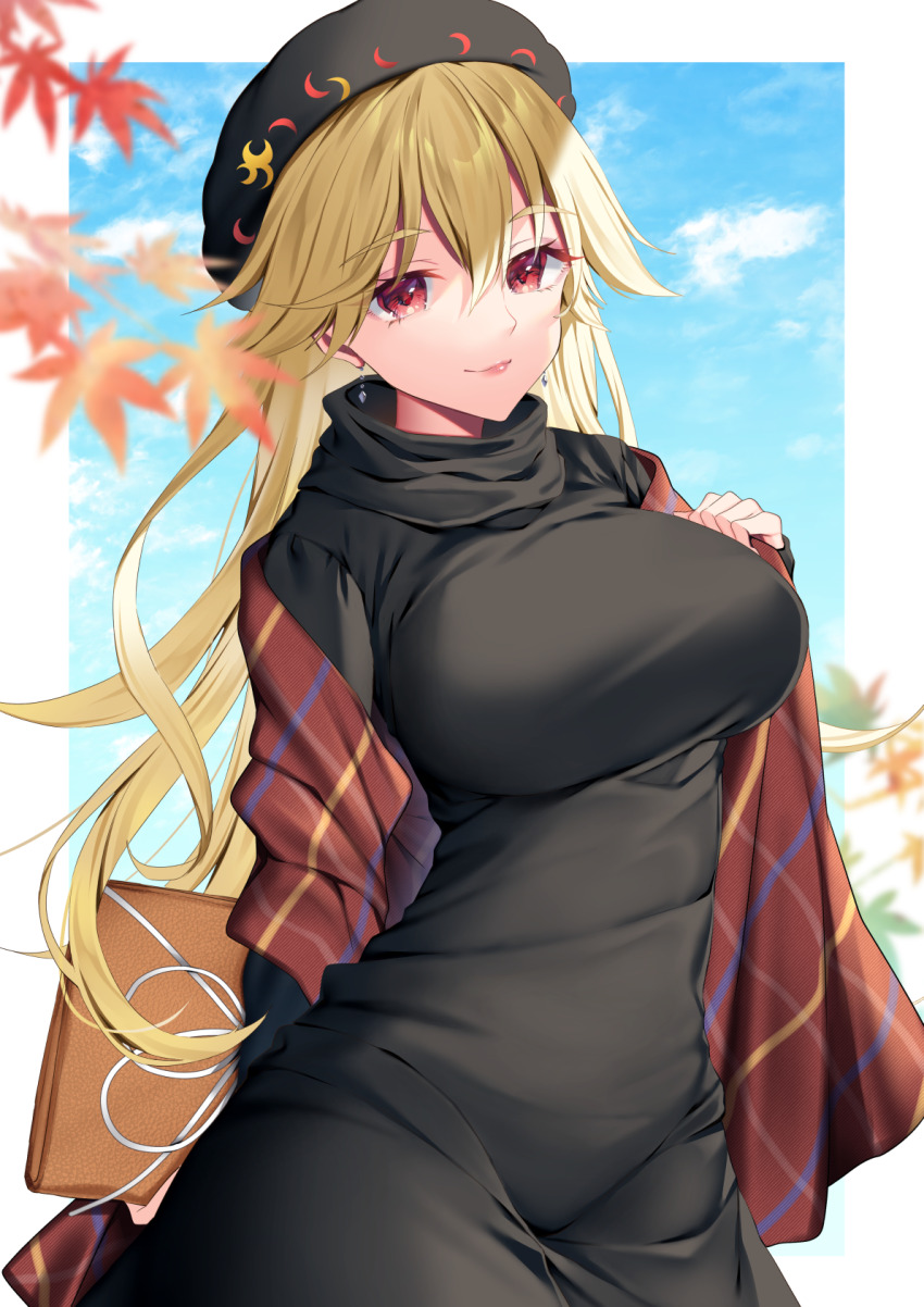 1girl, alternate_costume, black_dress, blonde_hair, blue_sky, breasts, checkered_shawl, cloud