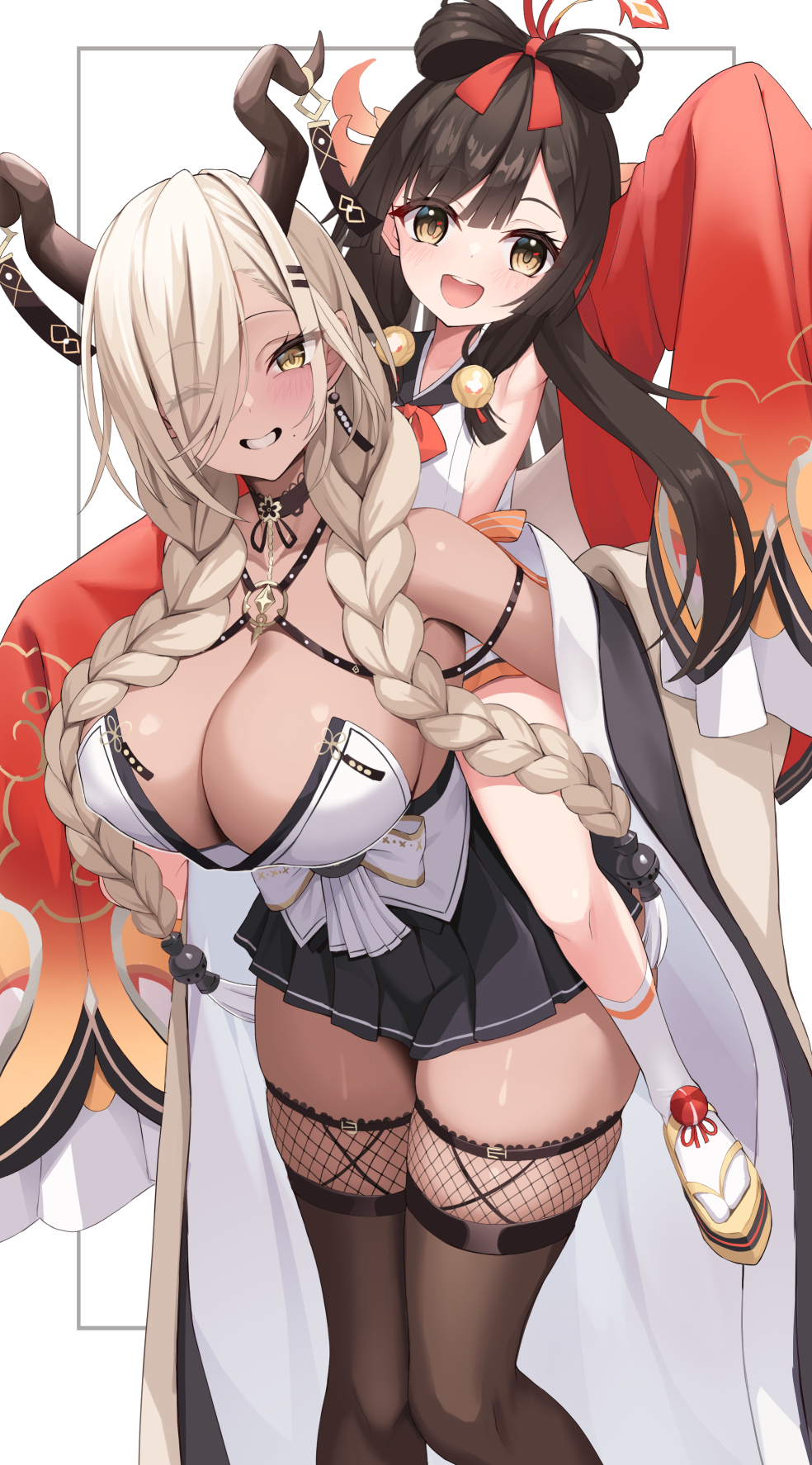2girls, arm_up, armpits, azur_lane, black_hair, black_thighhighs, blonde_hair, bow-shaped_hair, braid, breasts, brown_eyes, carrying, cleavage, earrings, eyes_visible_through_hair, flat_chest, hair_ornament, hair_ribbon, hairclip, highres, horns, huge_breasts, humo, jewelry, long_hair, long_sleeves, looking_at_viewer, miniskirt, multiple_girls, okobo, one_eye_closed, open_mouth, owari_(azur_lane), piggyback, platform_footwear, platform_sandals, pleated_skirt, red_ribbon, ribbon, round_teeth, sandals, skirt, sleeves_past_fingers, sleeves_past_wrists, socks, tabi, teeth, thighhighs, twin_braids, white_socks, zuihou_(azur_lane)