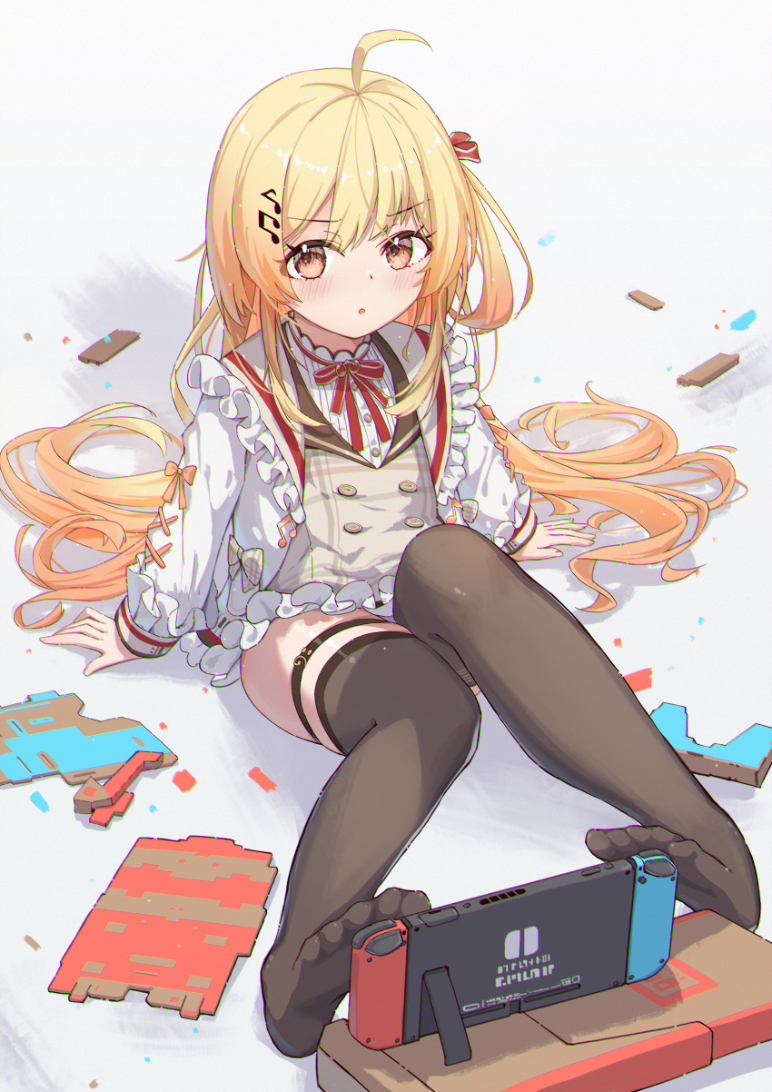 1girl, absurdres, ahoge, black_thighhighs, blonde_hair, blush, bow, bowtie