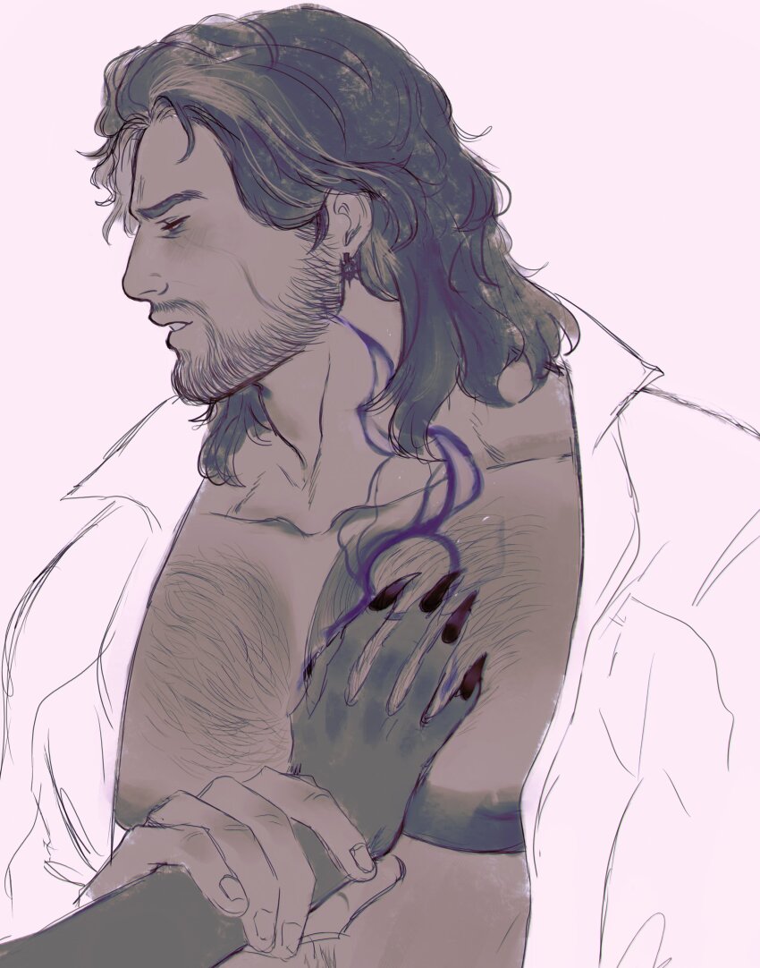 1boy, 1girl, absurdres, baldur's_gate, baldur's_gate_3, bara, bare_pectorals, beard_stubble, brown_hair, brown_theme, chest_hair, facial_hair, fingernails, gale_(baldur's_gate), hand_on_another's_chest, hetero, highres, large_pectorals, looking_to_the_side, male_focus, mature_male, medium_hair, muscular, muscular_male, mustache_stubble, nona_(illumancer), open_clothes, open_shirt, pectorals, profile, sharp_fingernails, solo_focus, stubble, thick_eyebrows, upper_body