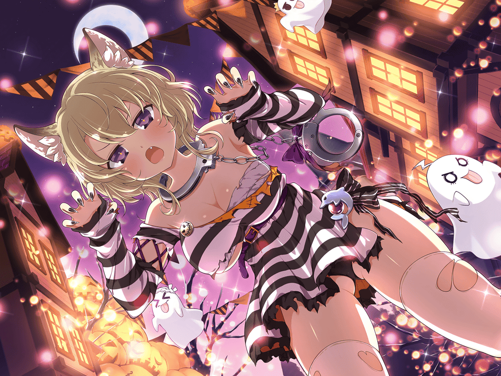 >_<, 1girl, :p, animal_ears, armpits, bare_tree, belt, black_panties, blonde_hair, blush, breasts, budget_sarashi, chain, claw_pose, cleavage, crescent_moon, crown, cuffs, dolphin, fang, ghost, ghost_pose, gluteal_fold, hachimaki, halloween, halloween_costume, hanabi_(senran_kagura), handcuff_dangle, handcuffs, handcuffs_around_neck, happy_halloween, headband, jack-o'-lantern, kafuru_(senran_kagura), lens_flare, light_particles, looking_at_viewer, medium_breasts, mini_crown, moon, nail_polish, night, official_alternate_costume, official_alternate_hairstyle, official_art, open_mouth, outdoors, panties, pantyshot, prison_clothes, pumpkin, purple_belt, purple_eyes, renka_(senran_kagura), sarashi, senran_kagura, senran_kagura_estival_versus, senran_kagura_new_link, sky, solo, sparkle, standing, star_(sky), starry_sky, string_of_flags, thighhighs, tongue, tongue_out, torn_clothes, tree, underboob, underbust, underwear, werewolf_costume, white_thighhighs, window, wolf_ears, wolf_girl, yaegashi_nan