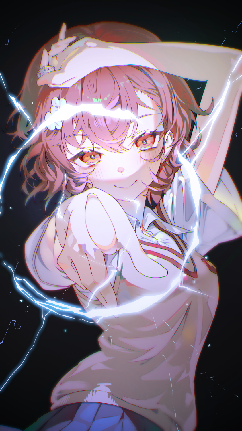 1girl, absurdres, arm_up, black_background, blue_skirt, breasts, brown_sweater_vest, closed_mouth, coin, collared_shirt, commentary, electricity, electrokinesis, emblem, flower, foreshortening, hair_flower, hair_ornament, highres, holding, holding_coin, looking_at_viewer, medium_breasts, misaka_mikoto, mont_blanca, only_my_railgun, pink_hair, pleated_skirt, pointing, pointing_at_viewer, psychic, red_eyes, school_emblem, school_uniform, shirt, short_hair, short_sleeves, skirt, smile, summer_uniform, sweater_vest, toaru_kagaku_no_railgun, toaru_majutsu_no_index, tokiwadai_school_uniform, upper_body, white_shirt