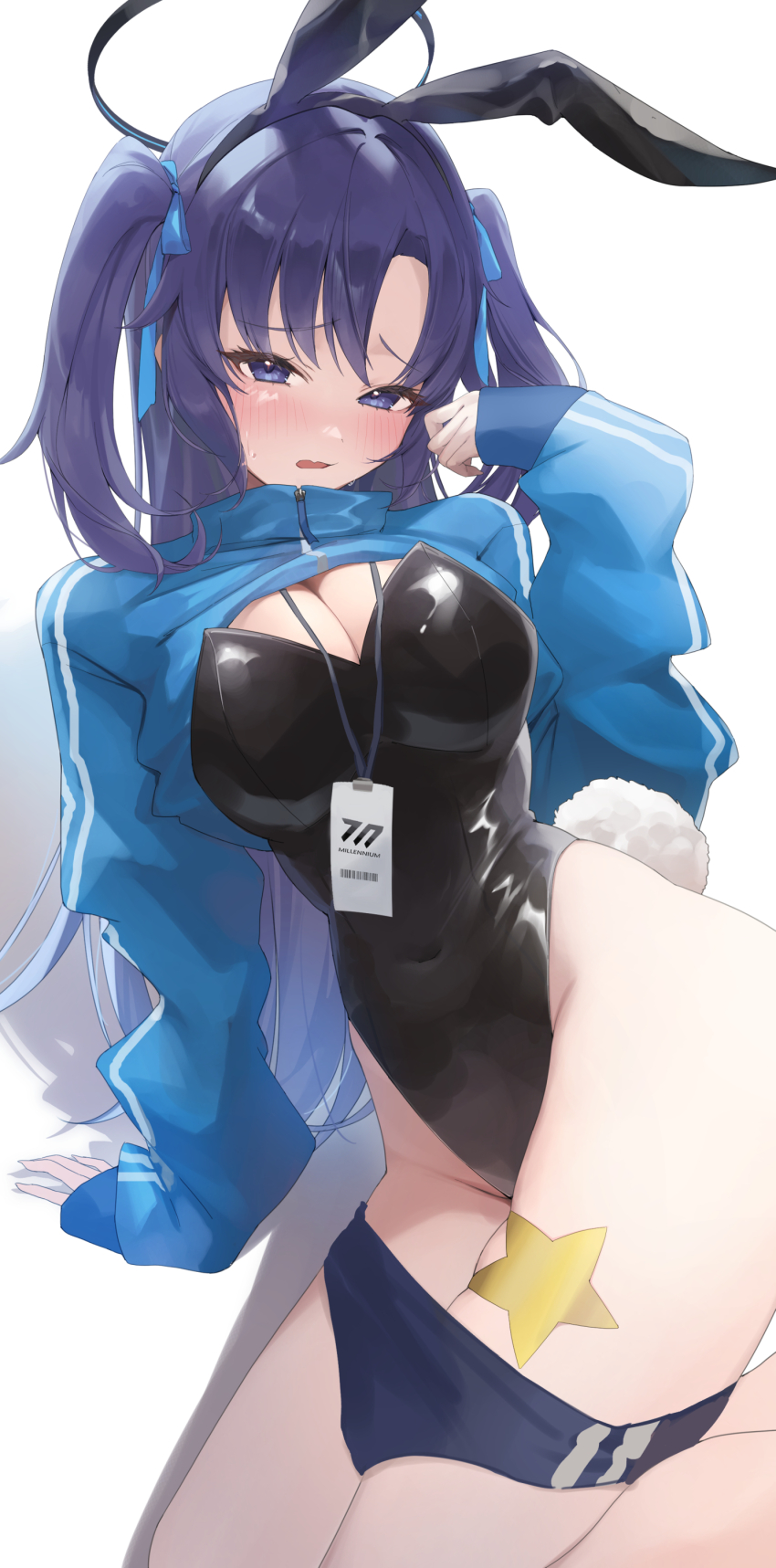 1girl, absurdres, animal_ears, black_leotard, blue_archive, blue_buruma, blue_jacket, breasts