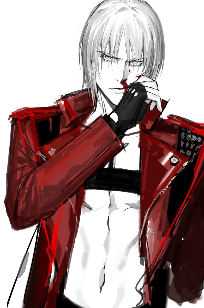 1boy, absurdres, belt_bra, bishounen, bleeding, blood, blood_on_face, coat, dante_(devil_may_cry), demon, devil_may_cry, devil_may_cry_(series), devil_may_cry_3, highres, long_hair, looking_at_viewer, nosebleed, qgailz, red_coat, solo, white_hair