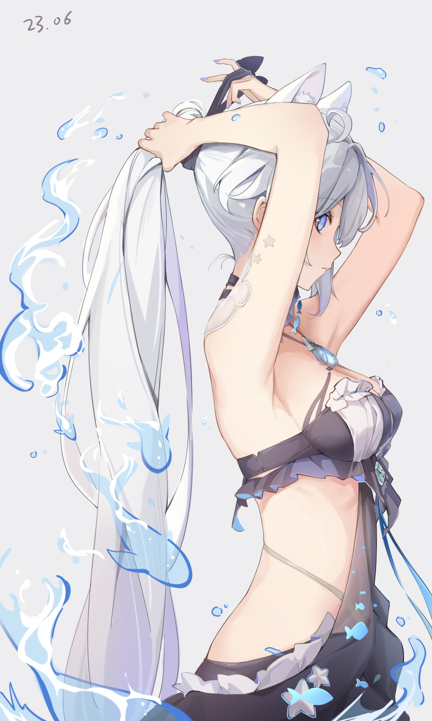 1girl, absurdres, animal_ear_fluff, animal_ears, armpits, arms_up, bare_arms, bare_shoulders